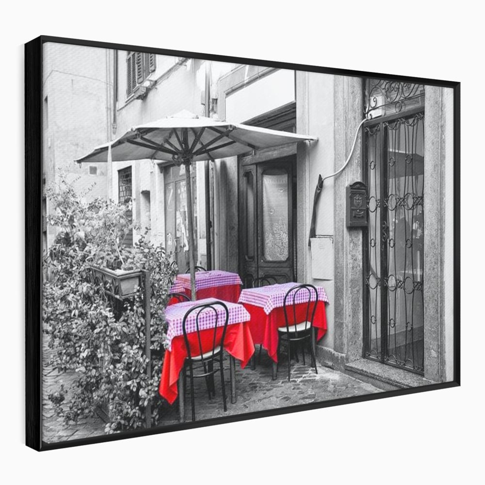 Tablou canvas cu cafenea stradala vintage alb negru cu pete de rosu, in rama de aluminiu negru